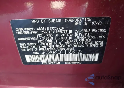 2020 Subaru Forester Limited from USA, damaged, VIN JF2SKASC0LH596122